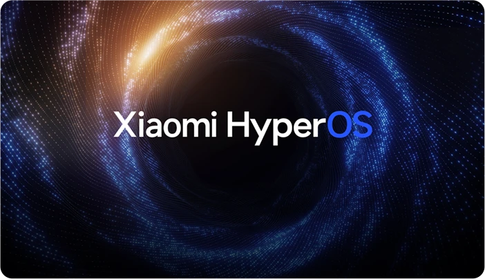 Grafika systemu operacyjnego Xiaomi HyperOS na tle świetlnego wiru