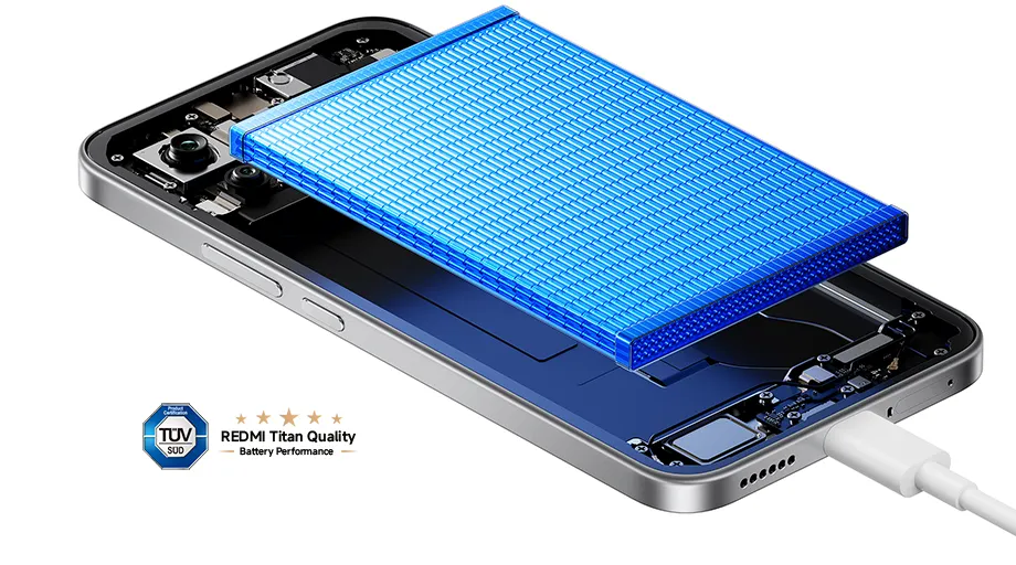 Wnętrze smartfona REDMI z baterią i oznaczeniem REDMI Titan Quality Battery Performance