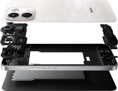 Rozłożona konstrukcja REDMI Note 17 Pro Max 5G prezentująca wewnętrzne komponenty i obudowę