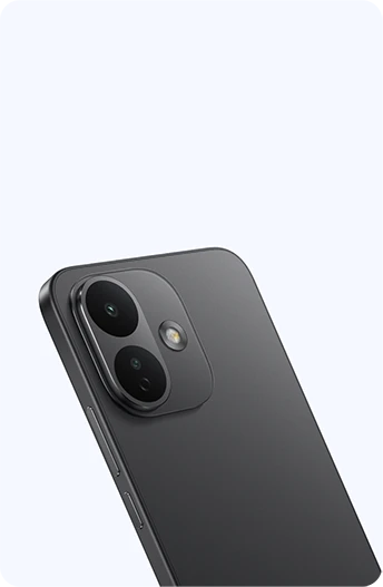 Zbliżenie na tylny panel czarnego smartfona REDMI z podwójnym aparatem i lampą błyskową