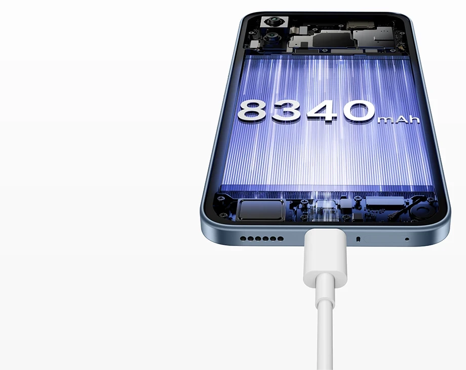 Wnętrze telefonu z baterią 8340 mAh podłączoną do ładowania
