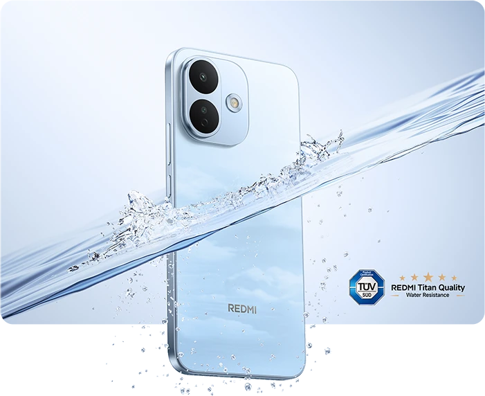 Jasnoniebieski smartfon REDMI w strumieniu wody, prezentacja odporności na wodę