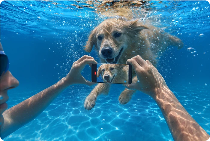 Fotografowanie pływającego pod wodą psa za pomocą smartfona