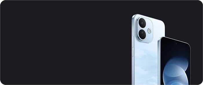 Jasnoniebieski smartfon REDMI pokazany z przodu i z tyłu na ciemnym tle