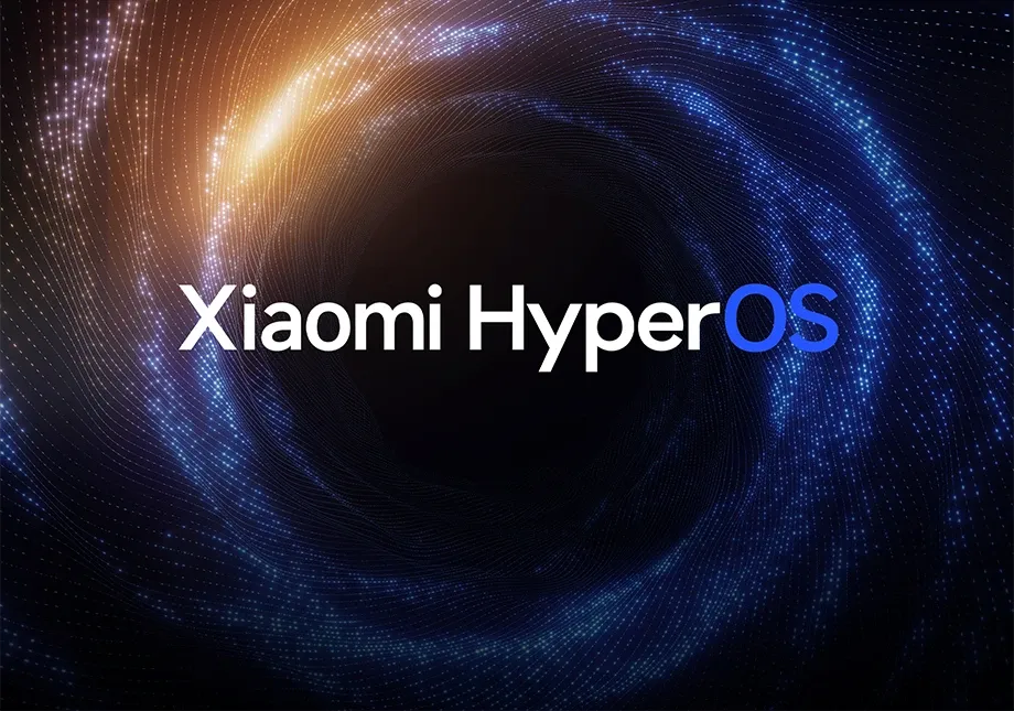 Logo systemu Xiaomi HyperOS na tle świetlnego, wielobarwnego wiru