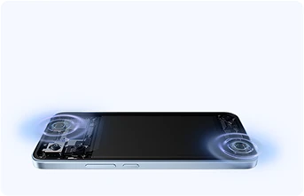 Smartfon REDMI z zaznaczonymi głośnikami stereo po obu stronach obudowy
