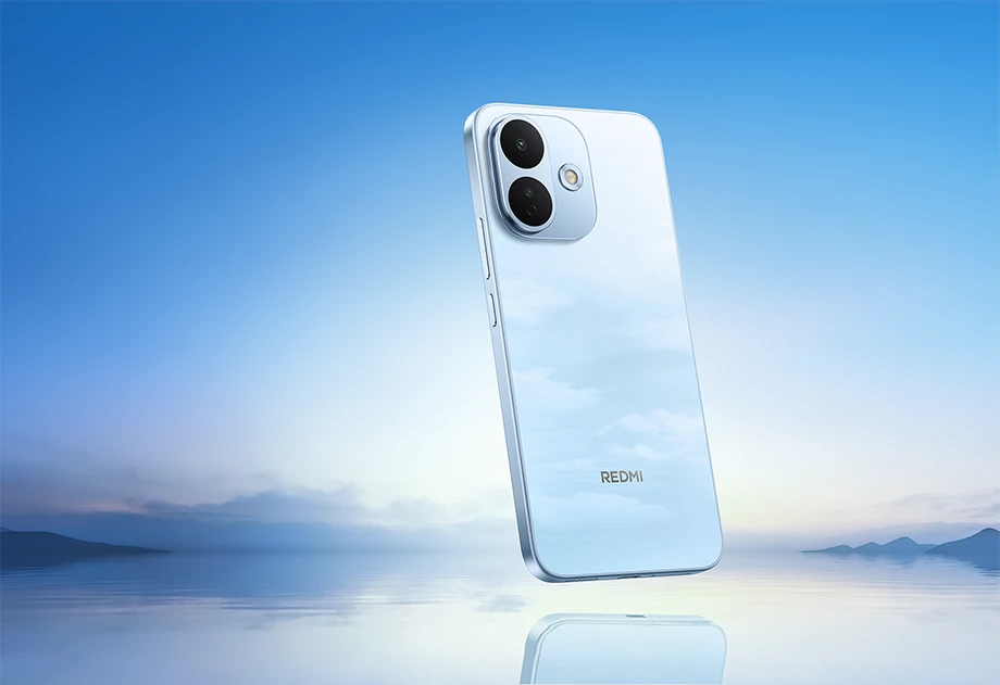 Jasnoniebieski REDMI Note 17 Pro 5G z podwójnym aparatem na tle błękitnego krajobrazu