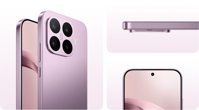 Fioletowy smartfon Xiaomi prezentowany z przodu, boku i tyłu na jasnym tle