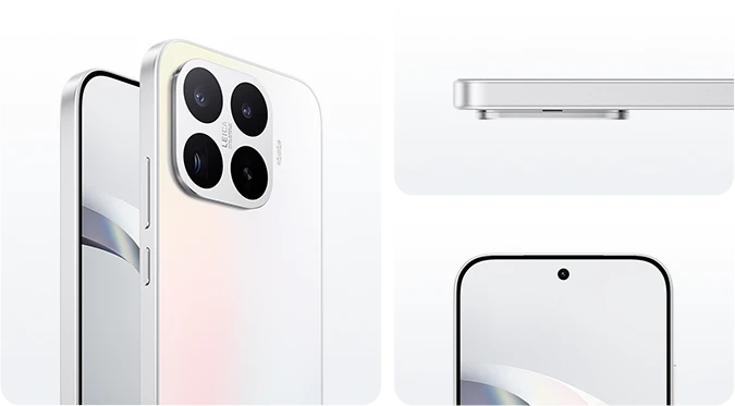 Biały smartfon Xiaomi prezentowany z przodu, boku i tyłu obudowy