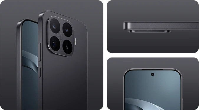 Czarny smartfon Xiaomi prezentowany z różnych perspektyw na ciemnym tle