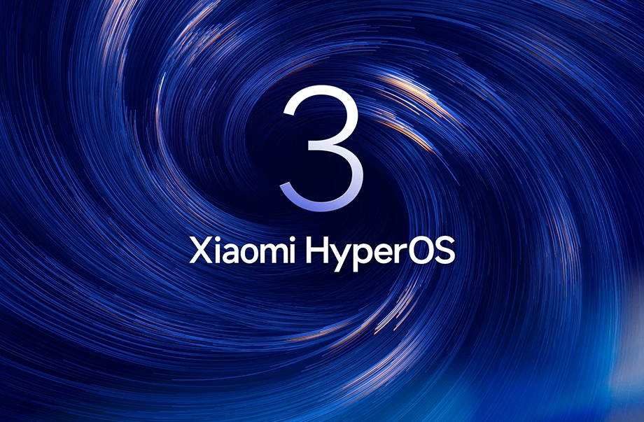 Logo Xiaomi HyperOS 3 na niebieskim tle z efektem wiru