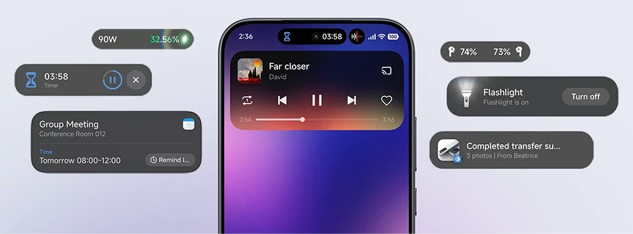 Smartfon Xiaomi z interfejsem HyperOS i widżetami systemowymi na ekranie