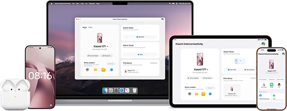 Ekosystem urządzeń Xiaomi obejmujący smartfon, laptop, tablet i słuchawki
