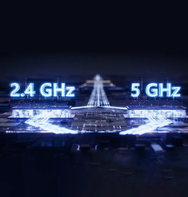 Grafika przedstawiająca ultraszybką sieć Wi-Fi 7 z pasmami 2.4 GHz i 5 GHz