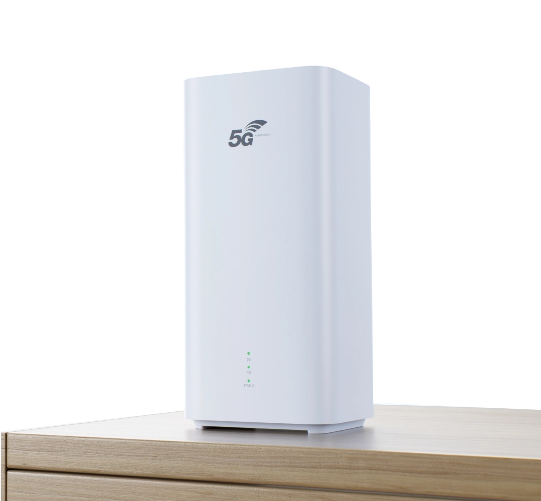Router Zowee 5G CPE 6 stojący na drewnianej szafce