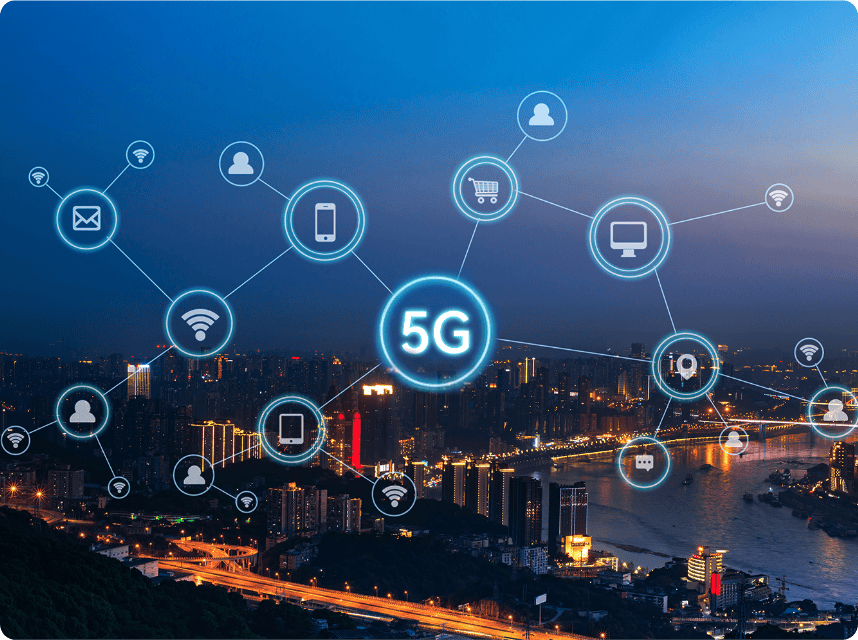Ilustracja miasta z ikonami sieci 5G symbolizująca łączność i szybki internet