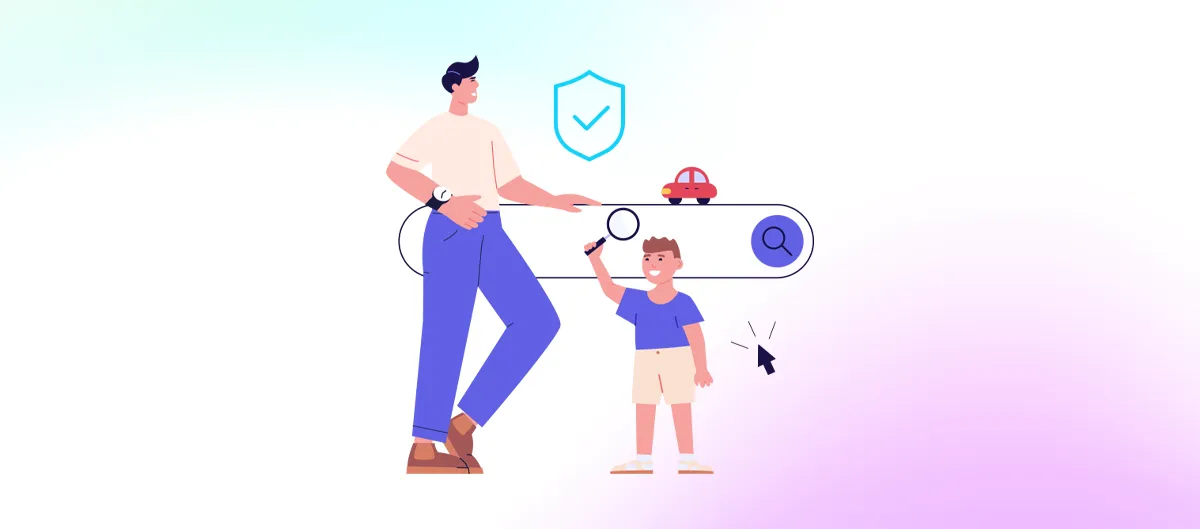 Ilustracja rodzica i dziecka symbolizująca bezpieczeństwo sieci i kontrolę rodzicielską WiFi.
