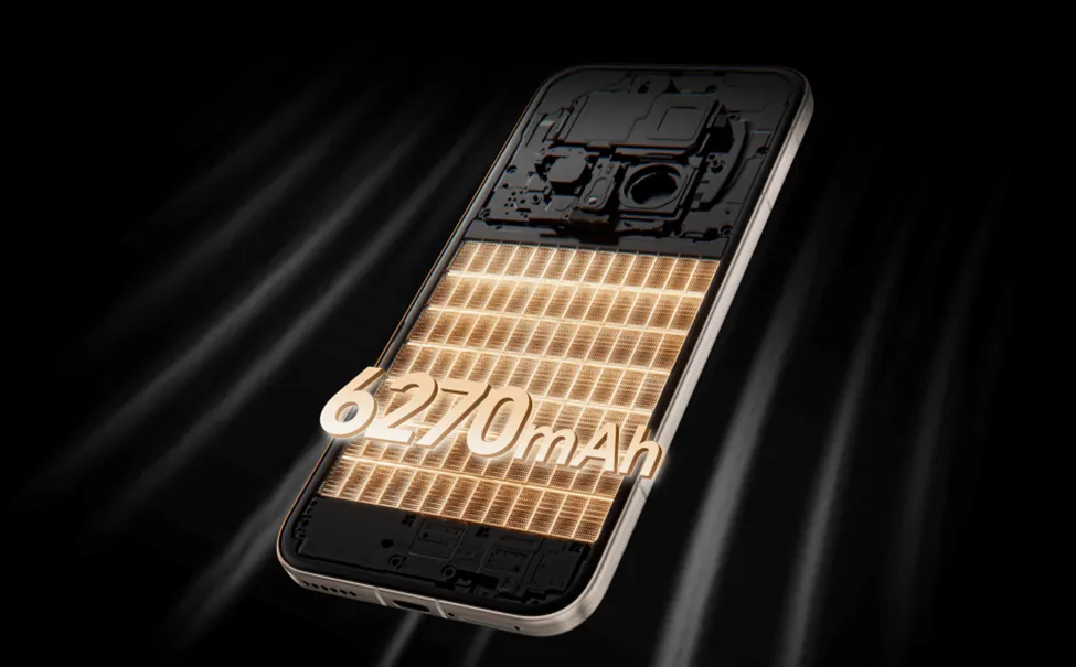 Smartfon z widoczną baterią o pojemności 6270 mAh, symbolizującą długą żywotność