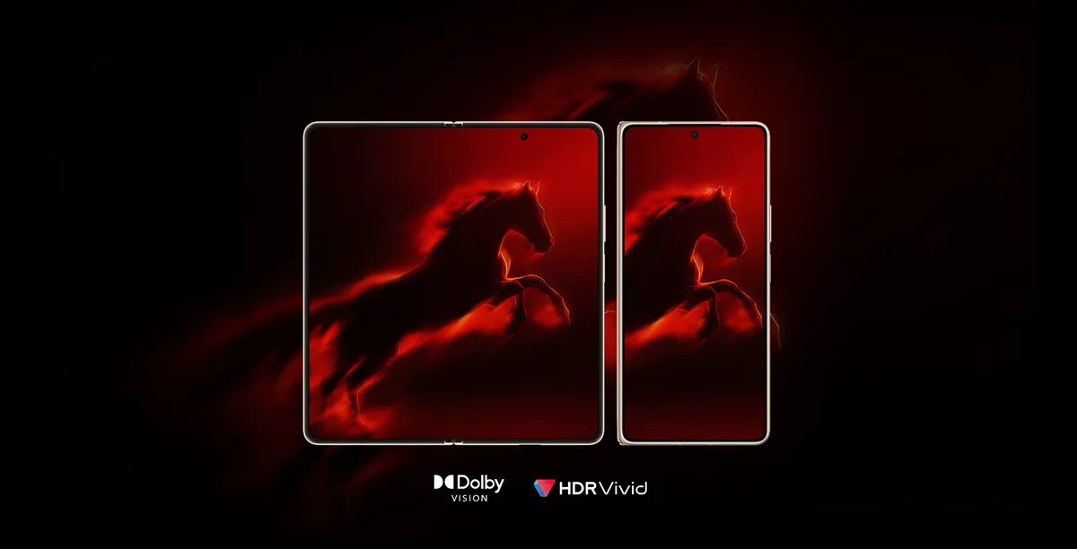 Składany smartfon HONOR Magic V6 w wersji otwartej i złożonej.