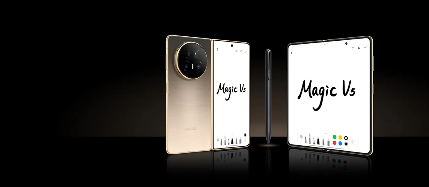 Dwa smartfony Magic V5 z rysikiem i napisami na ekranach