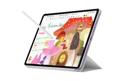 Tablet z kolorowym rysunkiem na ekranie i rysikiem