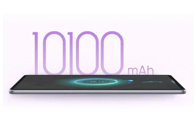 Tablet z widocznym poziomem naładowania na tle napisy 10100 mAh