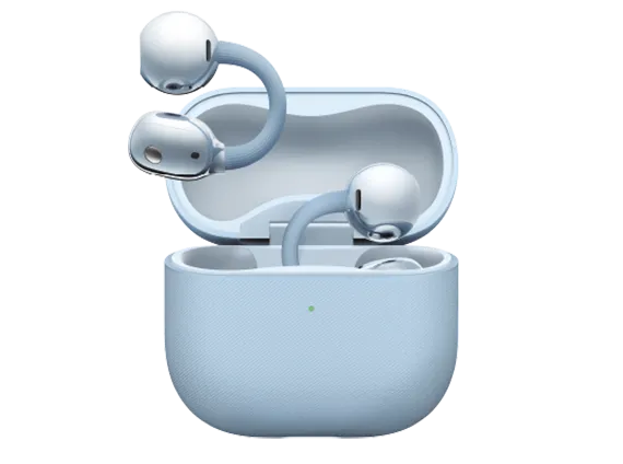 Słuchawki Huawei FreeClip w etui ładującym, informacja o czasie pracy baterii do 38 godzin.