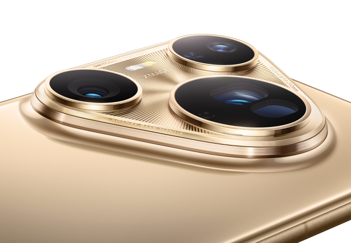 Złoty smartfon Huawei z trzema dużymi obiektywami w module aparatu, podkreślający elegancki design.
