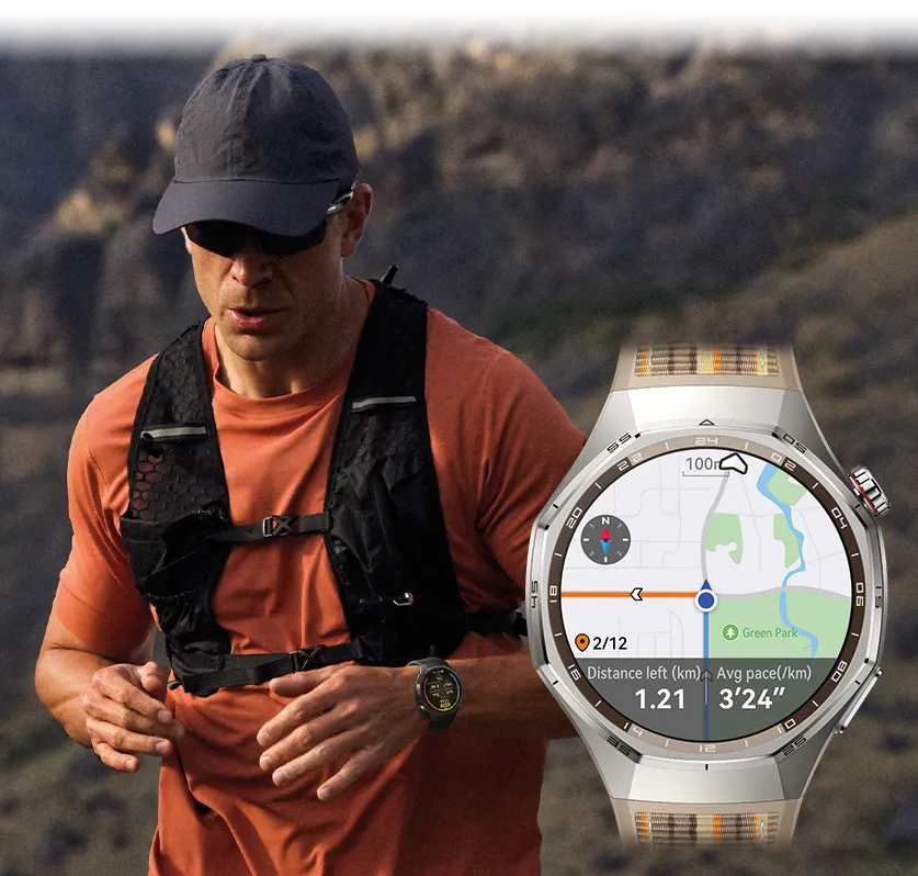Mężczyzna w czapce i kamizelce biegowej trenuje na zewnątrz, korzystając z zegarka HUAWEI Watch GT 6 Pro z funkcją ultraprecyzyjnego GPS i śledzenia aktywności.