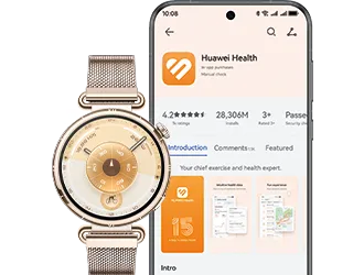 Smartwatch HUAWEI Watch GT 6 i smartfon z aplikacją Huawei Health, pokazujące kompatybilność z systemami Android i iOS.
