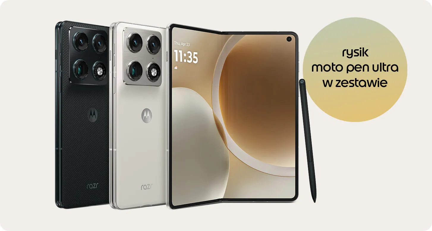 Dwa smartfony Motorola Razr Fold (czarny i srebrny) oraz rozłożony ekran; obok rysik Moto Pen Ultra w zestawie.