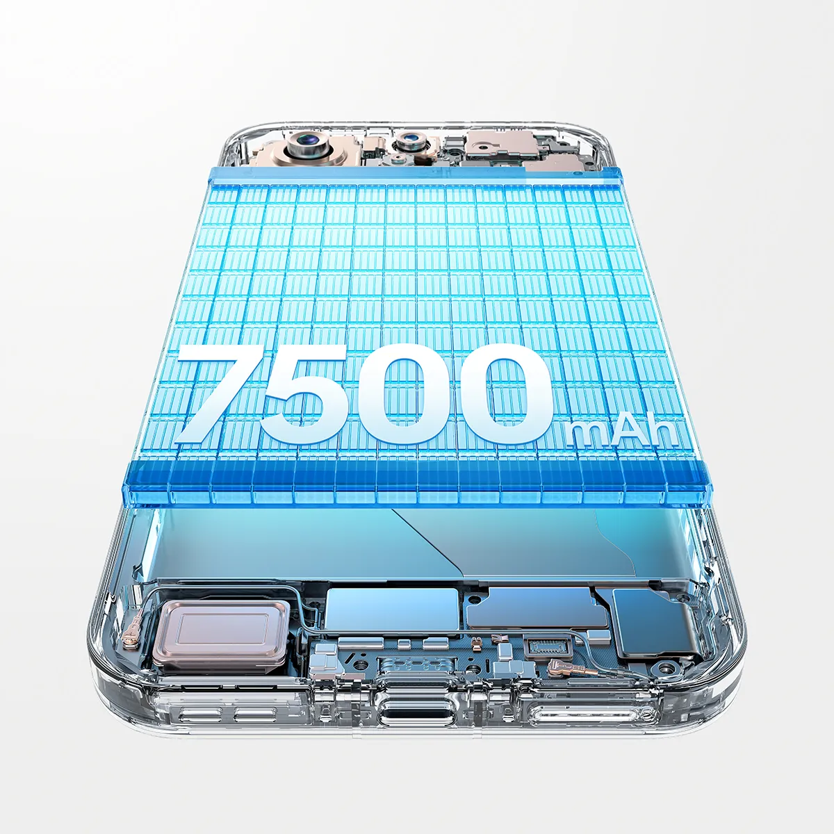 Wnętrze smartfona z wizualizacją dużej baterii 7500 mAh