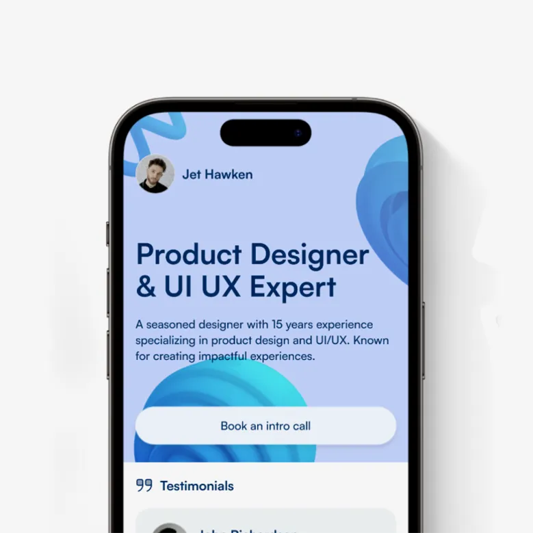 Smartfon z ekranem prezentującym profil projektanta: zdjęcie Jet Hawken, tytuł Product Designer & UI UX Expert, opis doświadczenia oraz przycisk do umówienia rozmowy wstępnej.