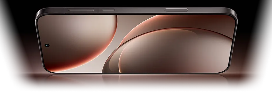 Smartfon w poziomej orientacji z wyświetlaczem prezentującym abstrakcyjną grafikę w odcieniach brązu i beżu, widoczne boczne przyciski urządzenia.