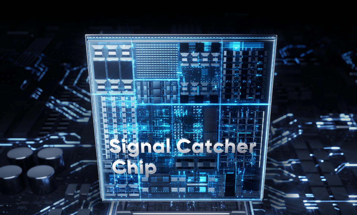 Wizualizacja chipu Signal Catcher otoczonego cyfrową siatką obwodów