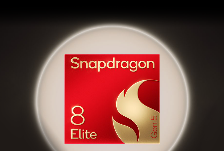 Grafika układu Snapdragon 8 Elite Gen 5 z czerwonym logo procesora.