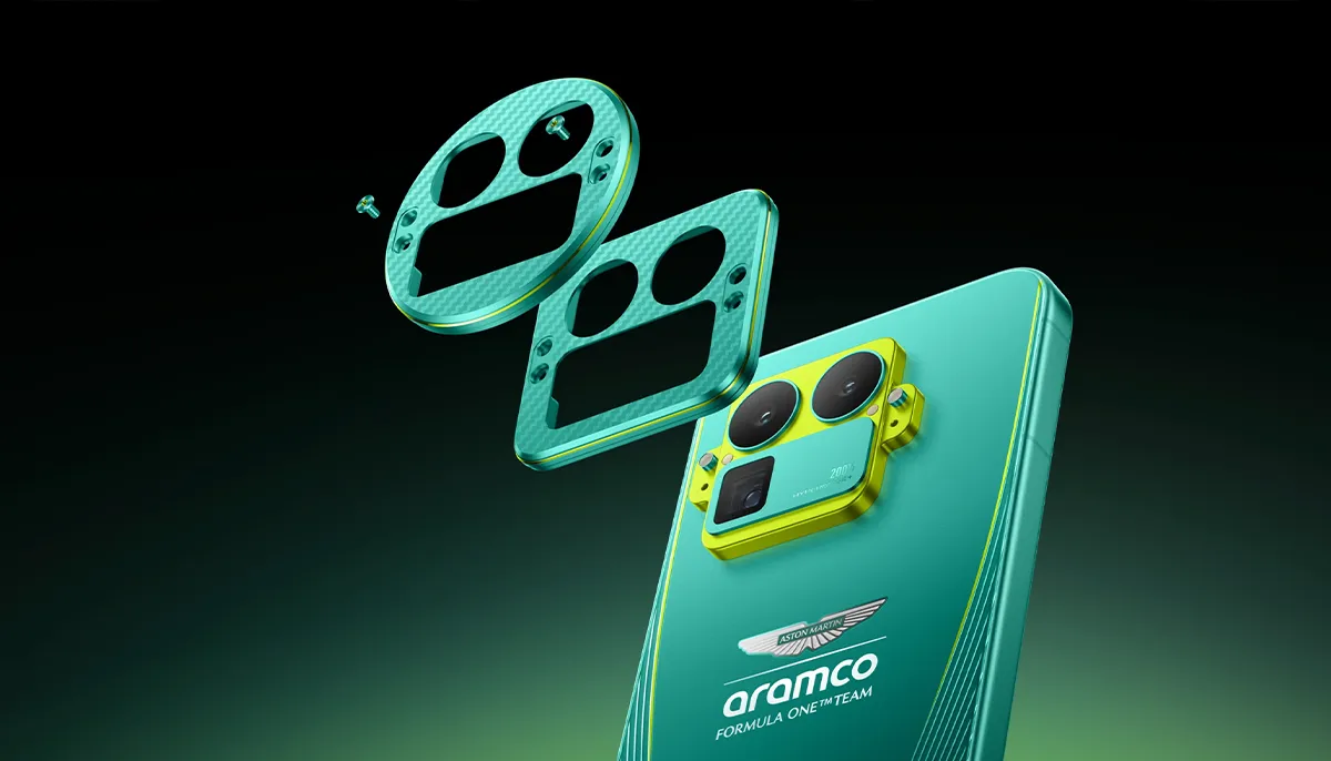 Smartfon z zestawem wymiennych ramek aparatu w zielono-żółtej kolorystyce