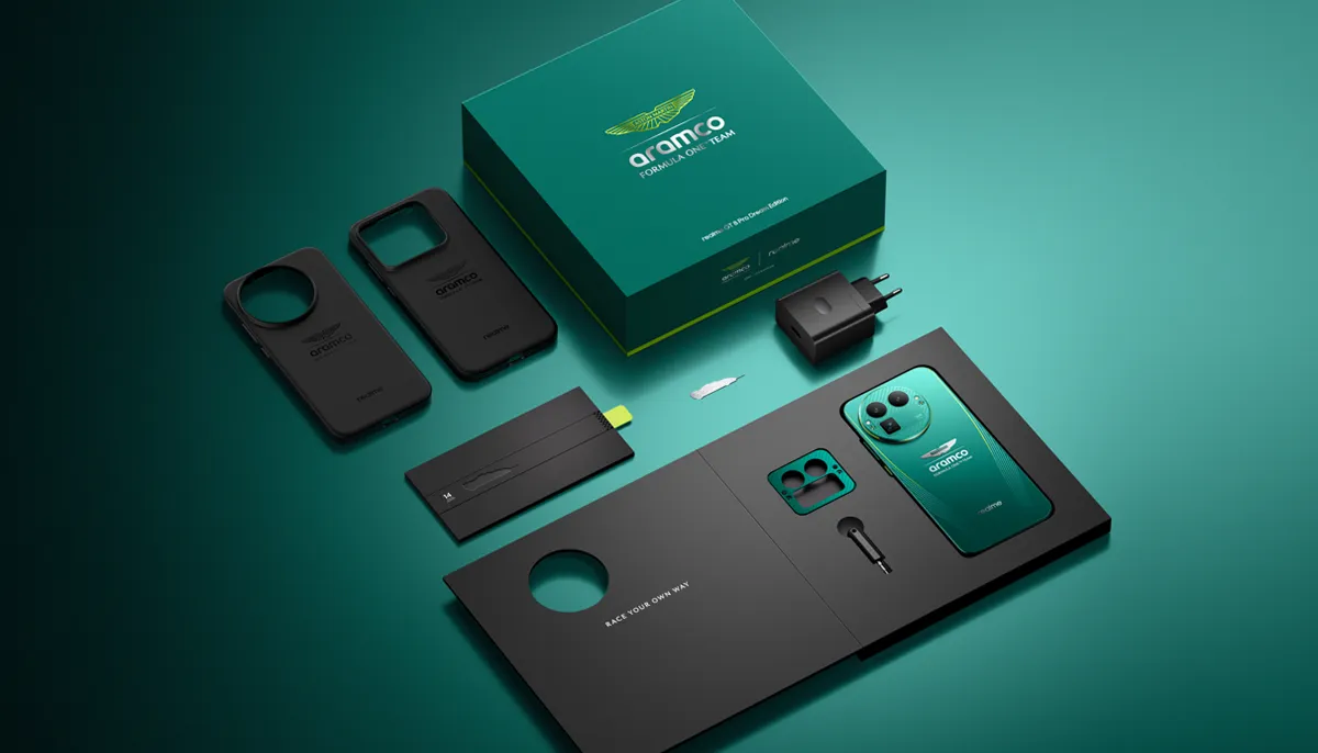 Kompletny zestaw akcesoriów smartfona rozłożony obok zielonego pudełka edycji Aston Martin.