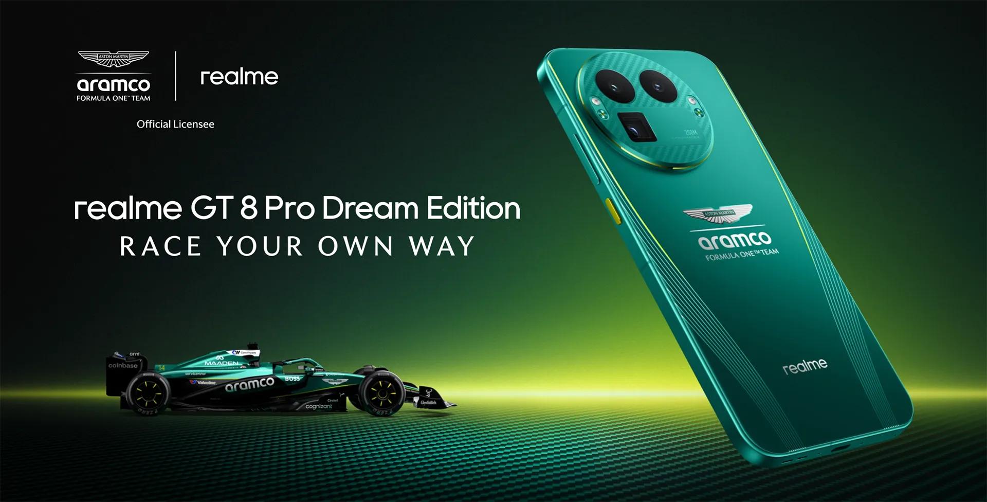 Telefon realme Gt8 Pro w wersji dream Edition obok bolidu F1