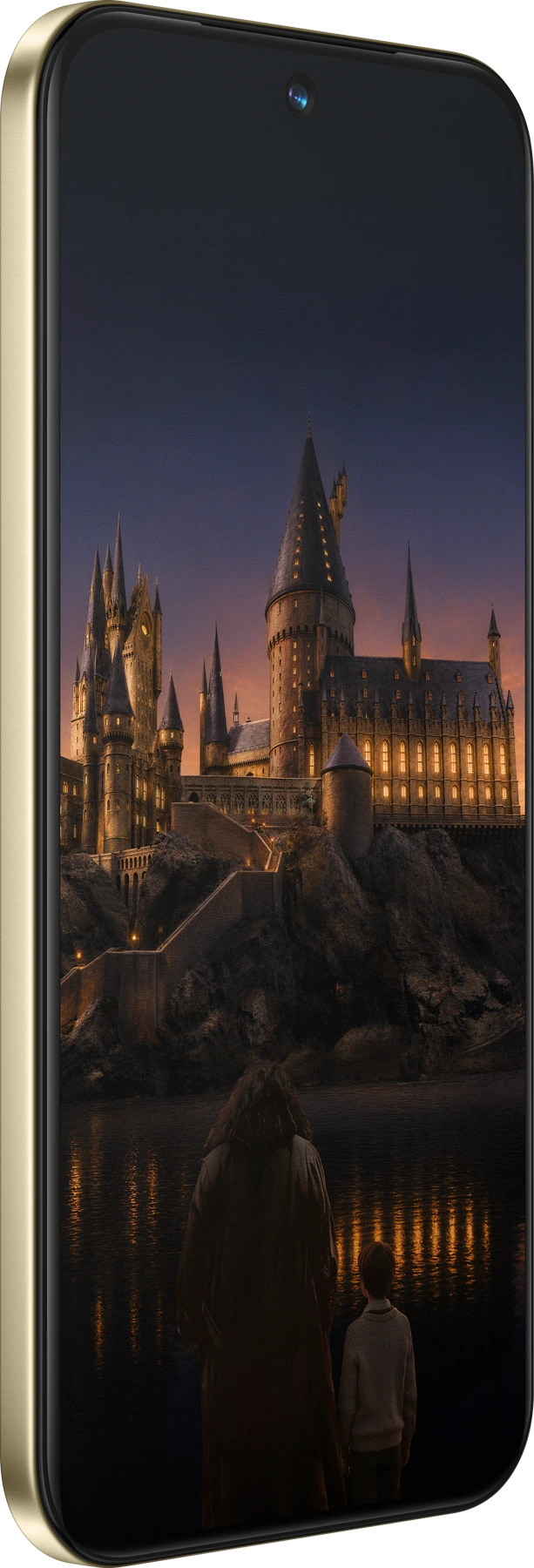 Ekran realme 16 Pro z tapetą Hogwartu, ujęcie pod kątem