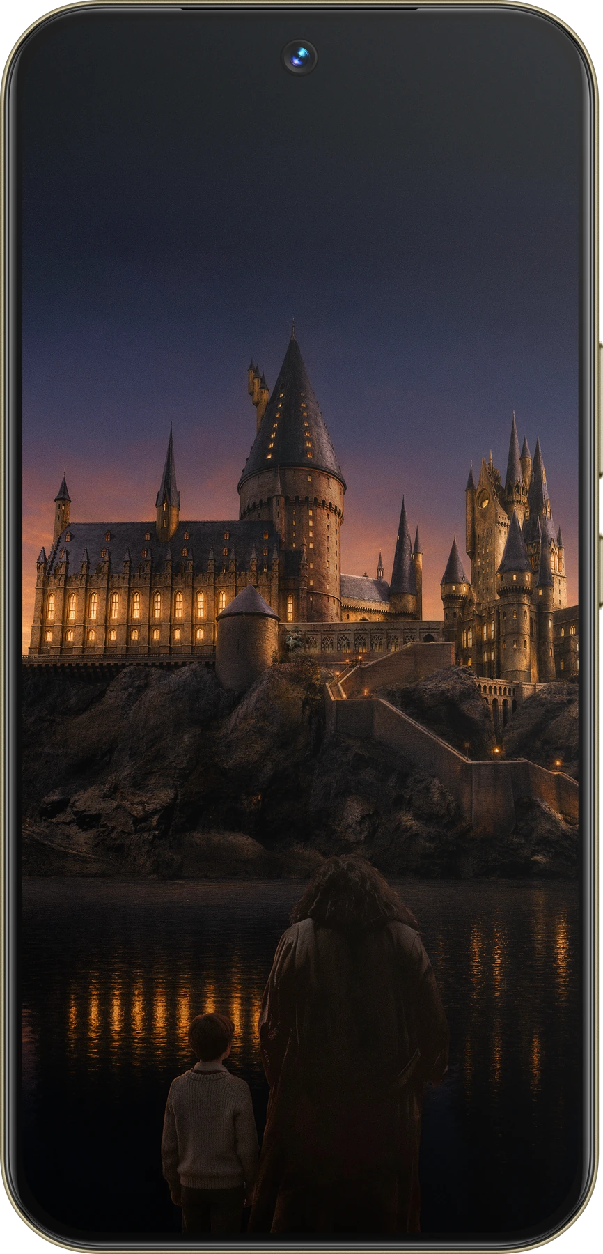 Wyświetlacz AMOLED realme 16 Pro z tapetą Hogwartu, ujęcie z przodu