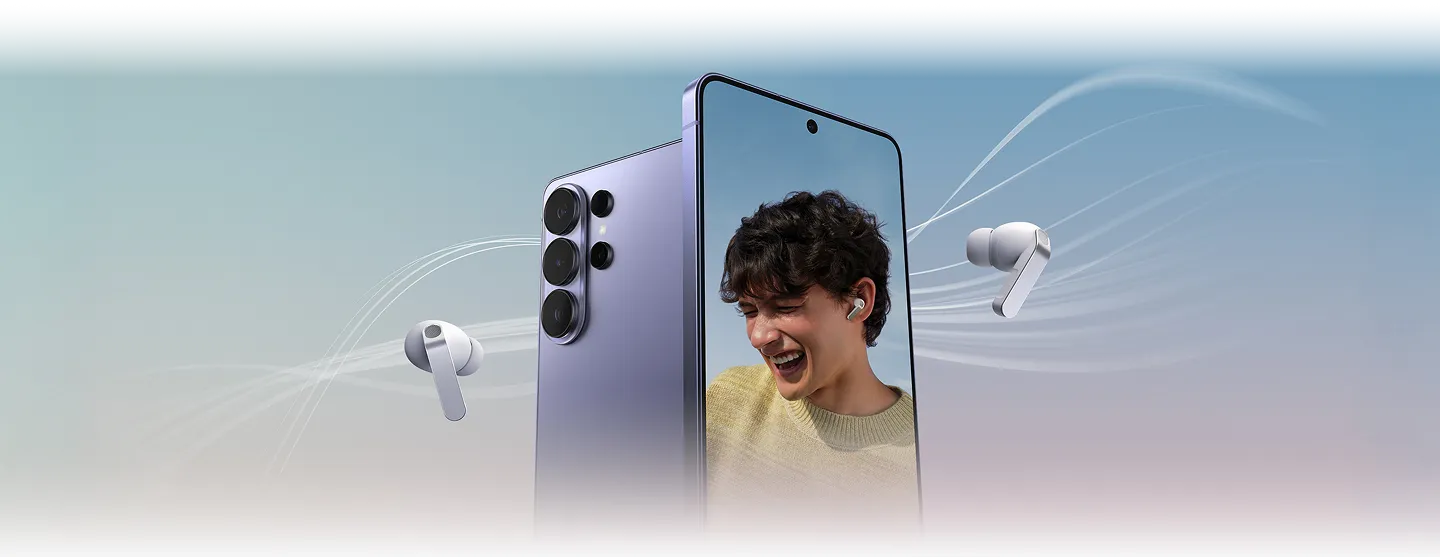 Smartfon z trzema aparatami i bezprzewodowe słuchawki; osoba na ekranie słucha muzyki