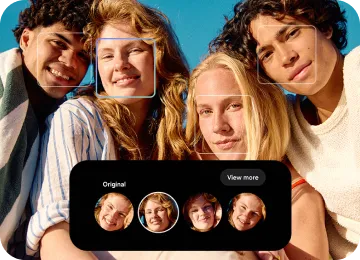 Grupa czterech osób; funkcja wybiera najlepsze ujęcie twarzy do zdjęcia grupowego