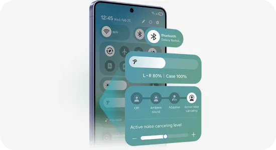 Panel ustawień słuchawek w One UI na smartfonie z widocznymi opcjami i poziomem baterii