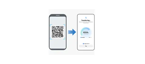 Dwa smartfony połączone strzałką, z kodem QR i wskaźnikiem postępu przesyłania danych.