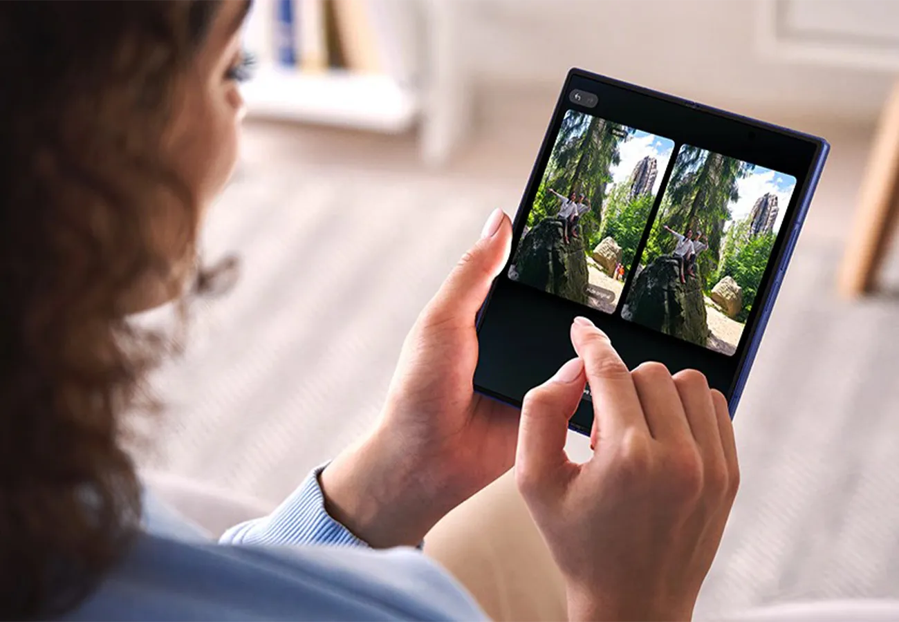 Osoba edytuje zdjęcie na tablecie, korzystając z funkcji Photo Assist do przesuwania i poprawiania obrazu.