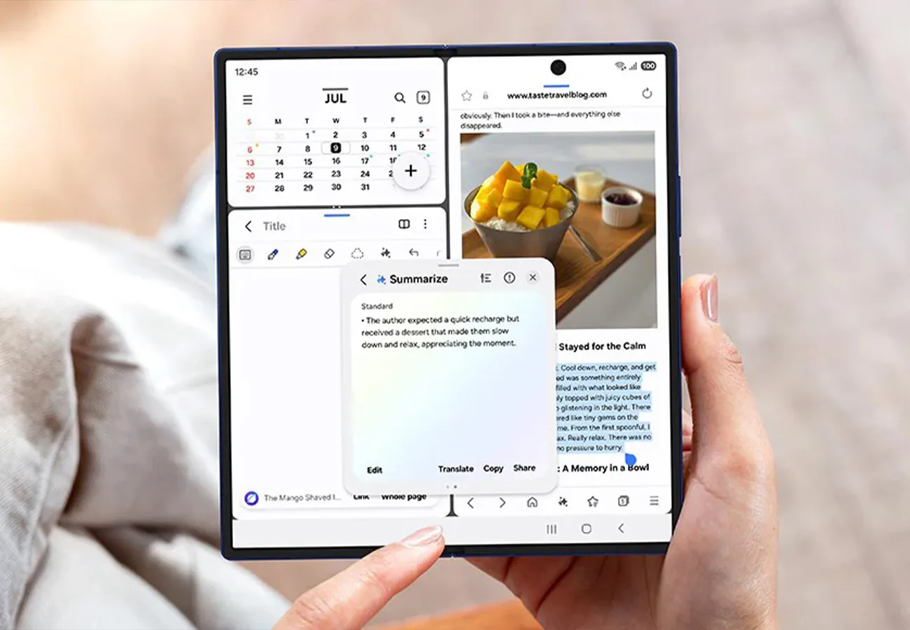 Tablet z otwartą aplikacją do notatek, na ekranie widoczny tekst i zdjęcie, symbolizujący funkcję Writing Assist.