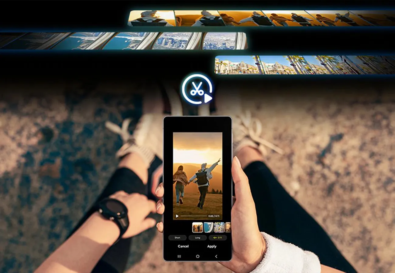 Telefon z aplikacją do edycji wideo, wyświetlający przycinanie nagrania dzięki funkcji Auto Trim.