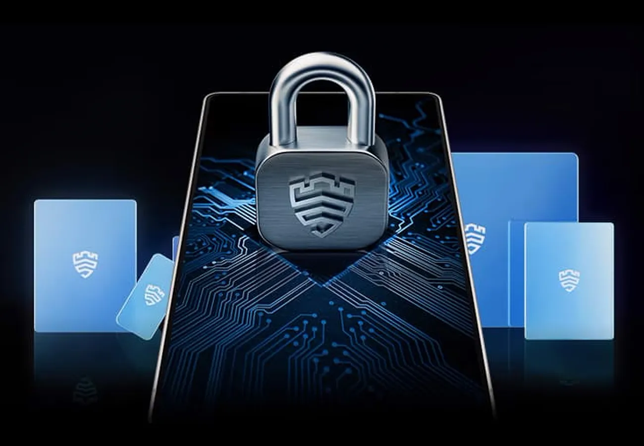 Symbol kłódki i urządzeń Galaxy z niebieską poświatą, obrazujących system bezpieczeństwa Knox Matrix.