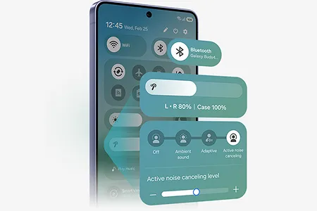 Ekran One UI na smartfonie z panelem sterowania i ustawieniami słuchawek Galaxy Buds.